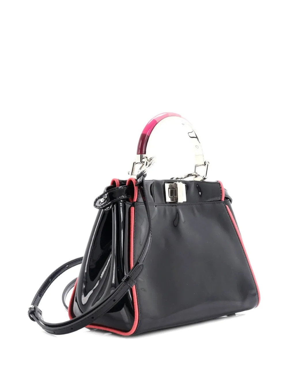 Pre-owned Fendi Resin Handle Peekaboo Bag Patent Mini Satchel In Black