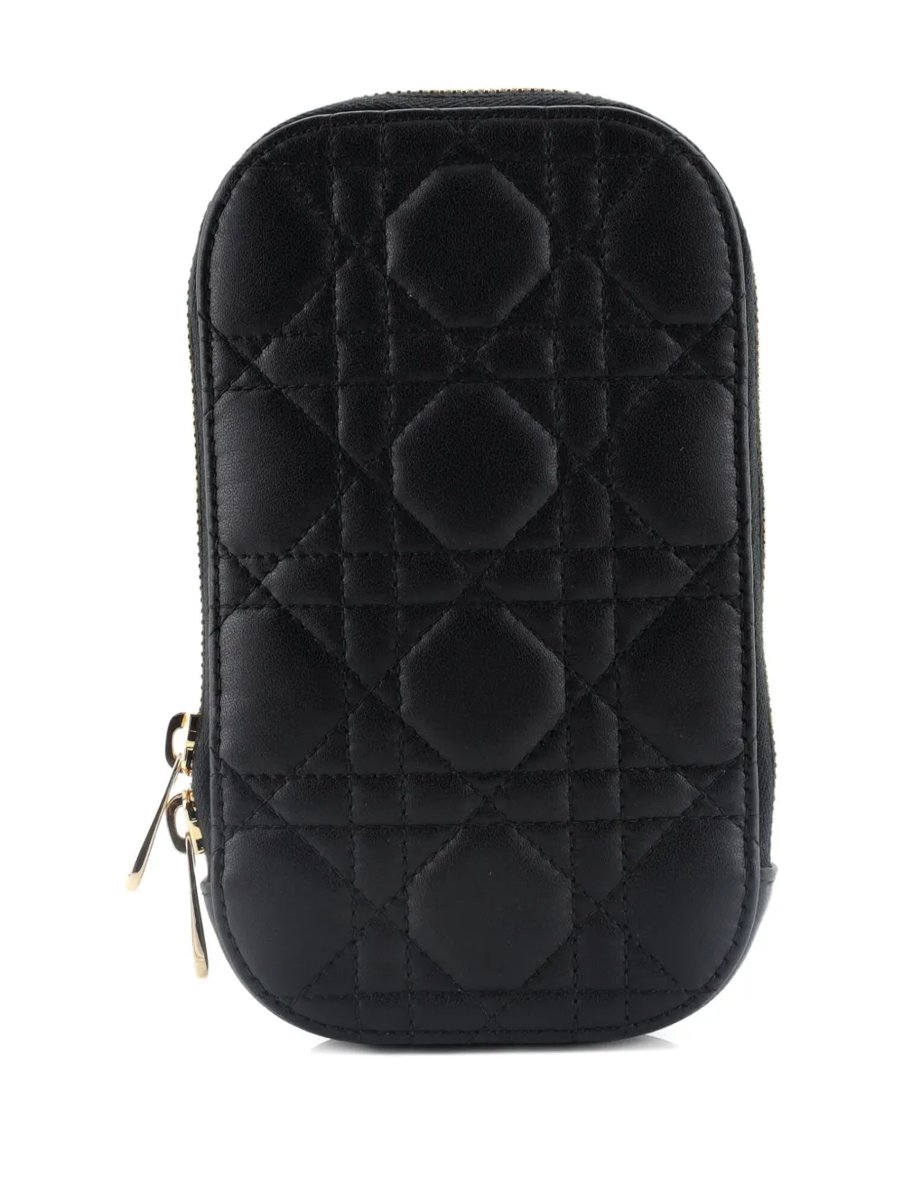 Pre-owned Dior Lady  Phone Holder On Chain Cannage Quilt Lambskin Crossbody Bag In Black