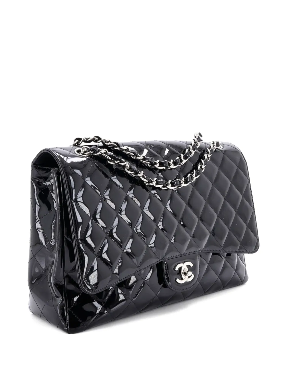 Pre-owned Chanel Classic Single Flap Bag Quilted Patent Maxi Shoulder Bag In Black