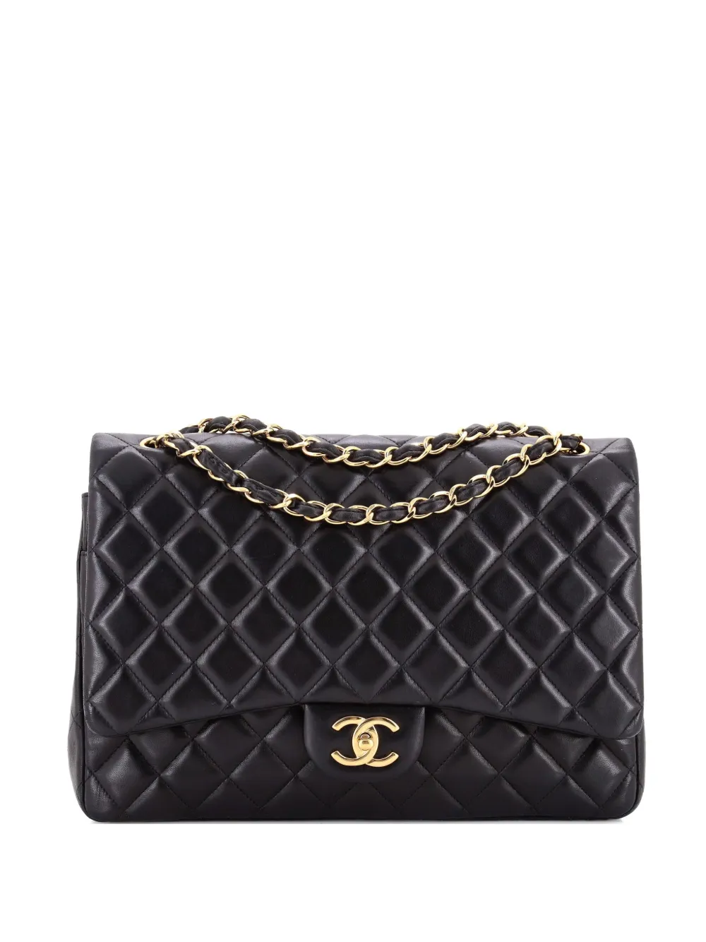 Pre-owned Chanel Classic Double Flap Bag Quilted Lambskin Maxi Shoulder Bag In Black