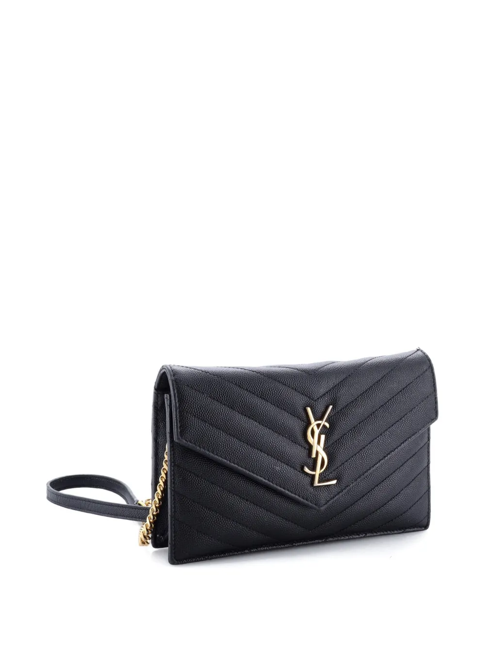 SAINT LAURENT Pre-owned Classic Monogram Wallet On Chain Matelasse Chevron Leather Small Crossbody Bag In Black