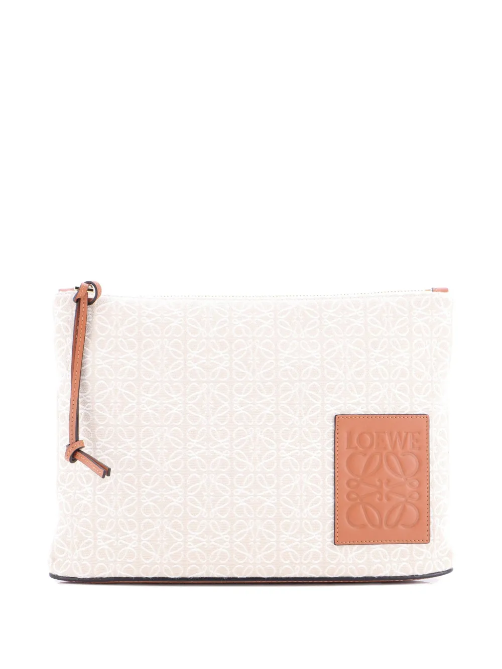 Pre-owned Loewe Zip Clutch Anagram Jacquard And Leather Pouch In Brown