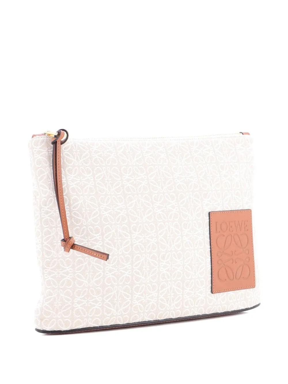 Pre-owned Loewe Zip Clutch Anagram Jacquard And Leather Pouch In Brown