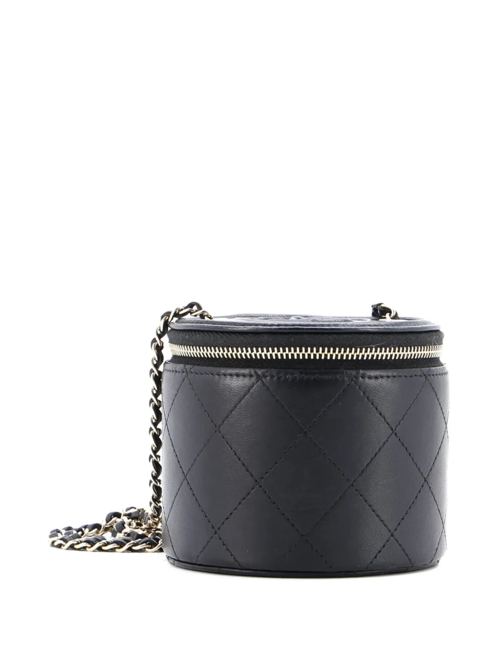 Pre-owned Chanel Cc Round Vanity Case With Chain Quilted Lambskin Mini Clutch Bag In Black