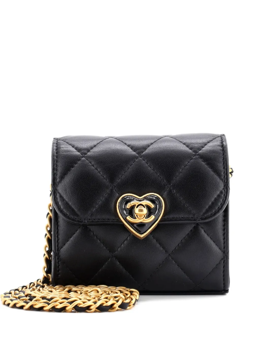 Pre-owned Chanel Coco Love Cc Heart Clutch With Chain Quilted Lambskin Mini Crossbody Bag In Black