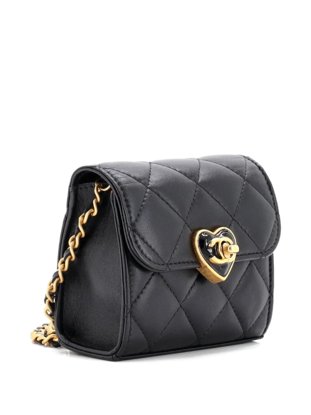 Pre-owned Chanel Coco Love Cc Heart Clutch With Chain Quilted Lambskin Mini Crossbody Bag In Black