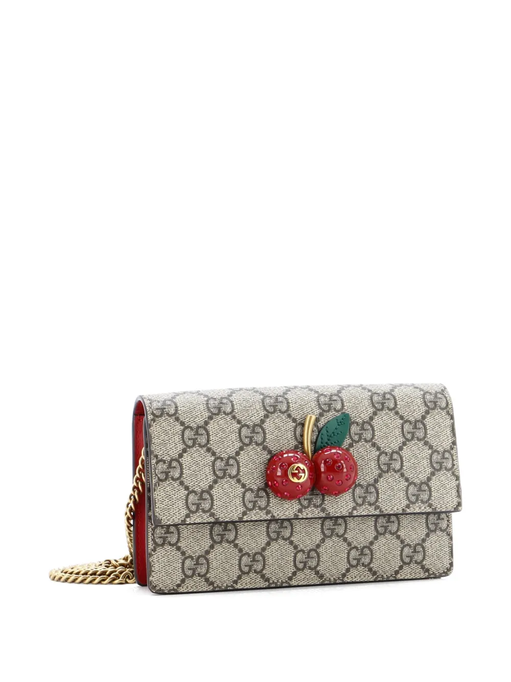 Pre-owned Gucci Cherries Wallet On Chain Gg Coated Canvas Mini Crossbody Bag In Brown