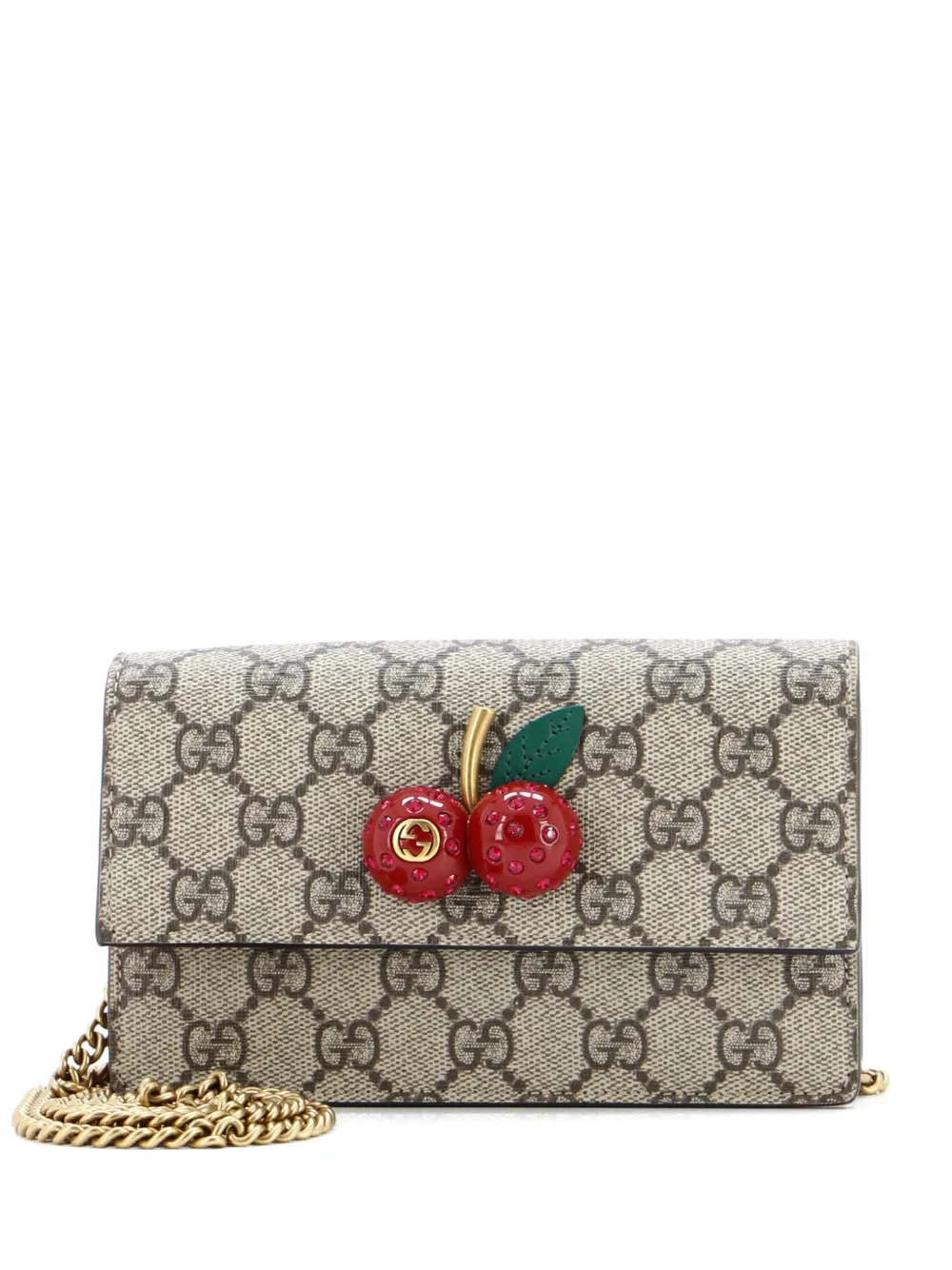 Pre-owned Gucci Cherries Wallet On Chain Gg Coated Canvas Mini Crossbody Bag In Brown