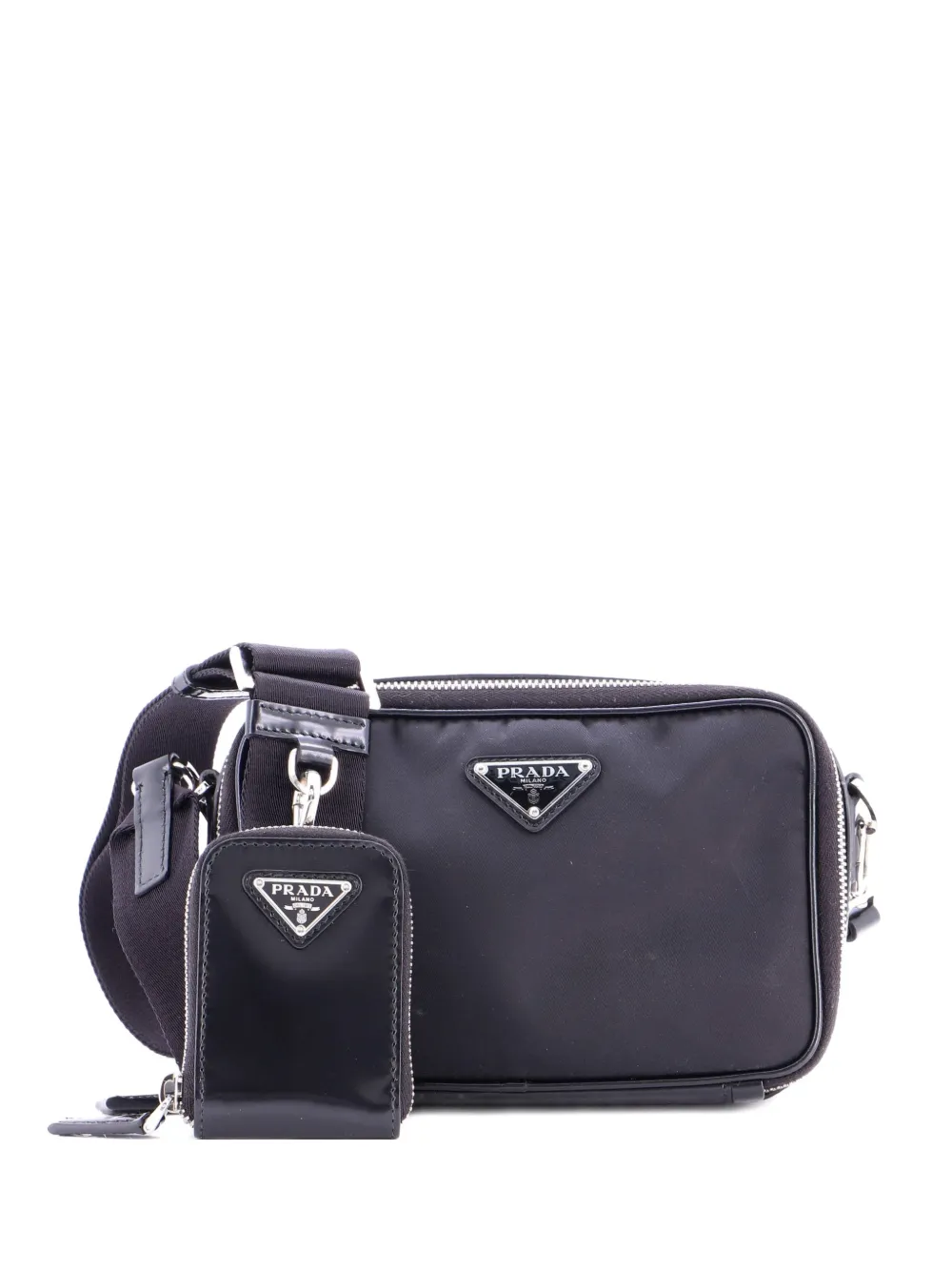 Pre-owned Prada Brique Camera Tessuto And Spazzolato Leather Small Crossbody Bag In Black