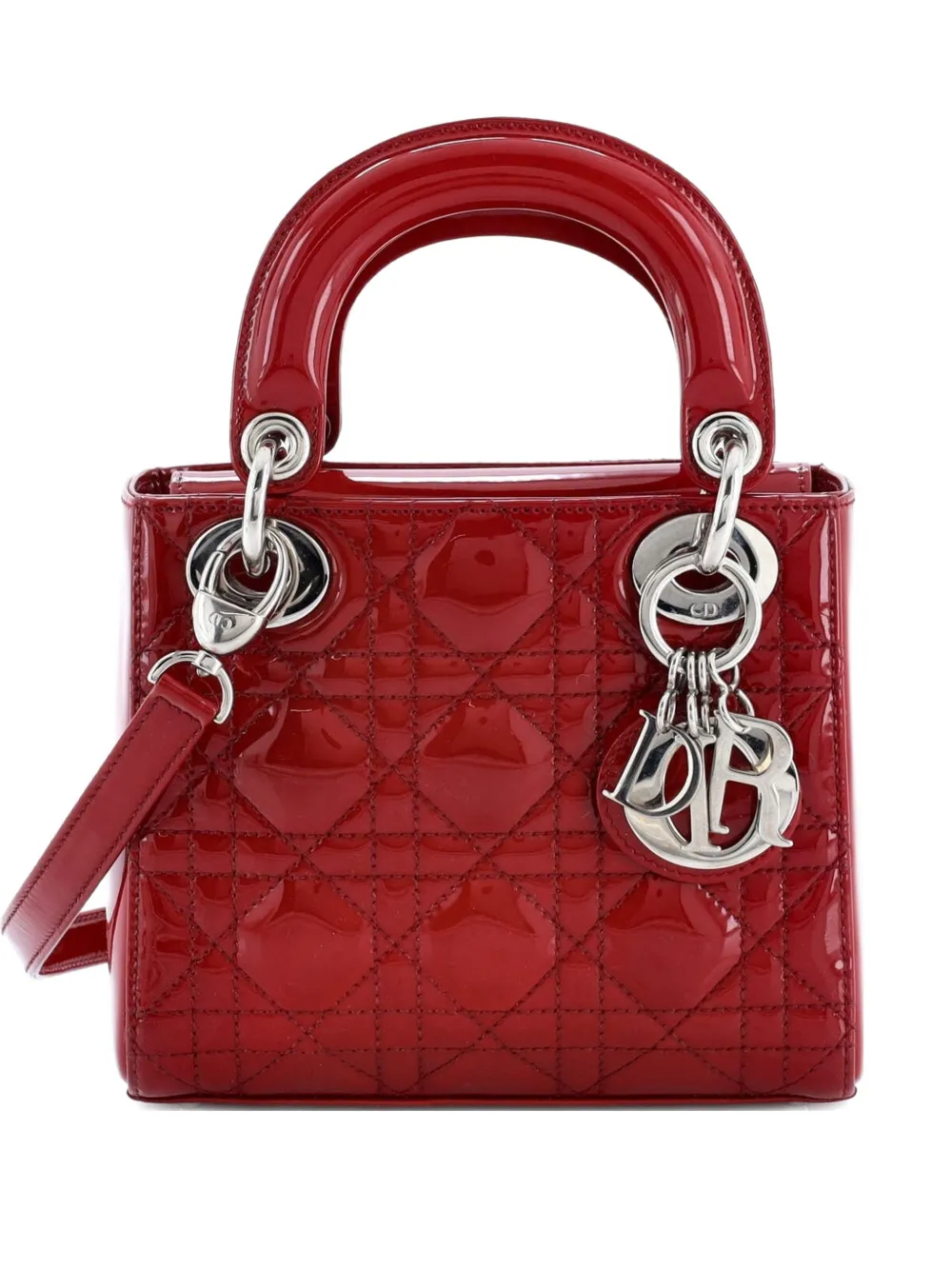 Pre-owned Dior Lady Bag Cannage Quilt Patent Mini Satchel In Red
