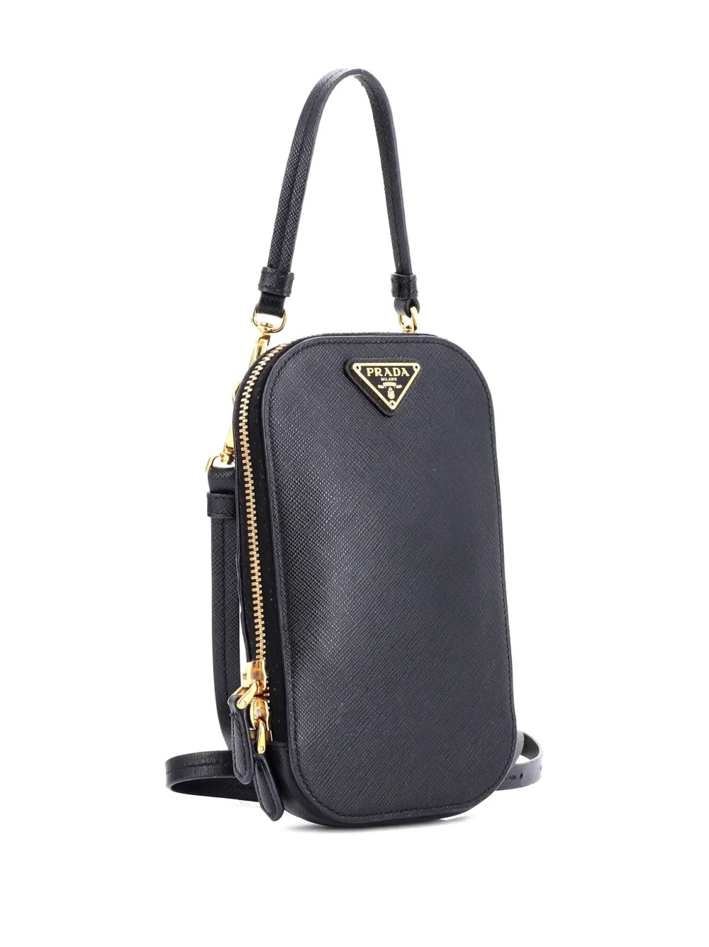 PRADA Pre-owned Zip Phone Holder Saffiano Leather Crossbody Bag In Black