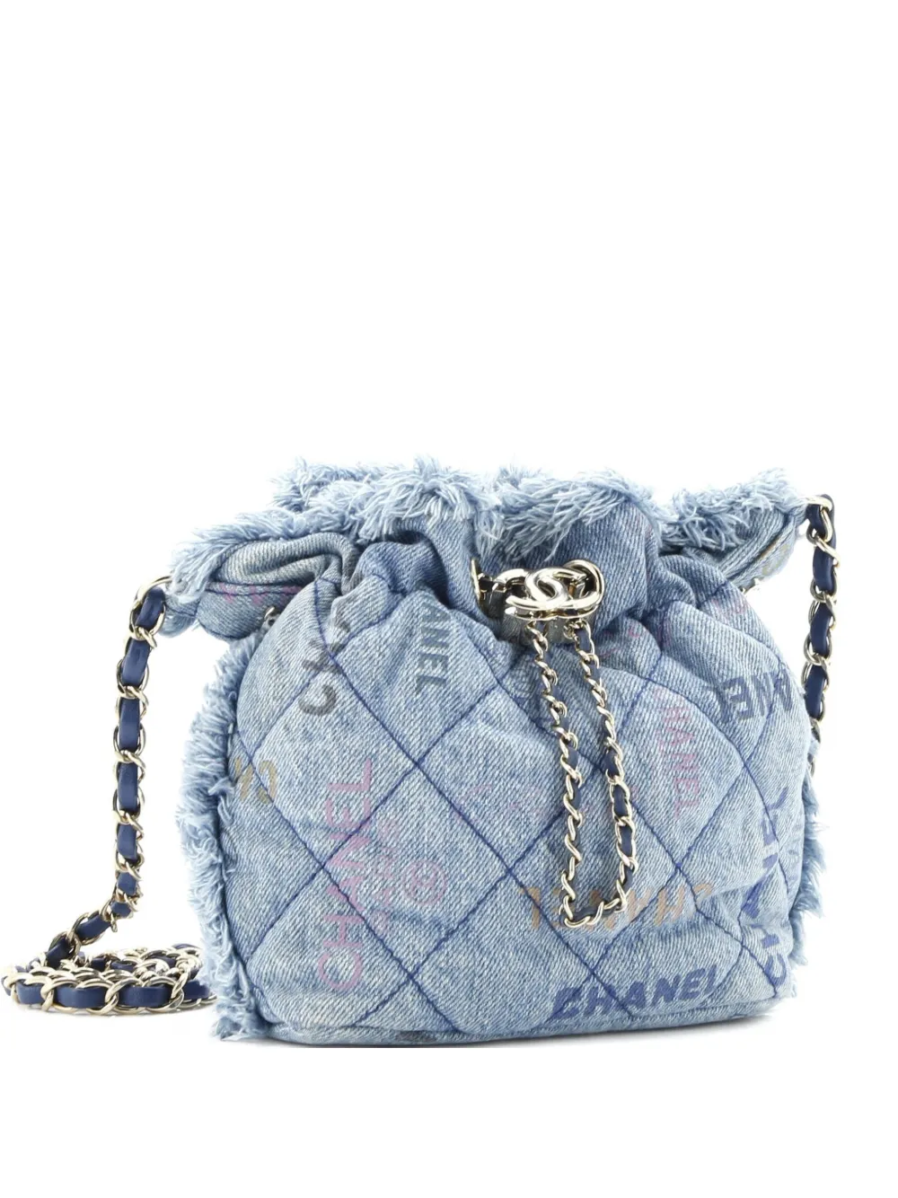 Pre-owned Chanel Denim Mood Chain Logo Printed Quilted Fringe Denim Medium Bucket Bag In Blue