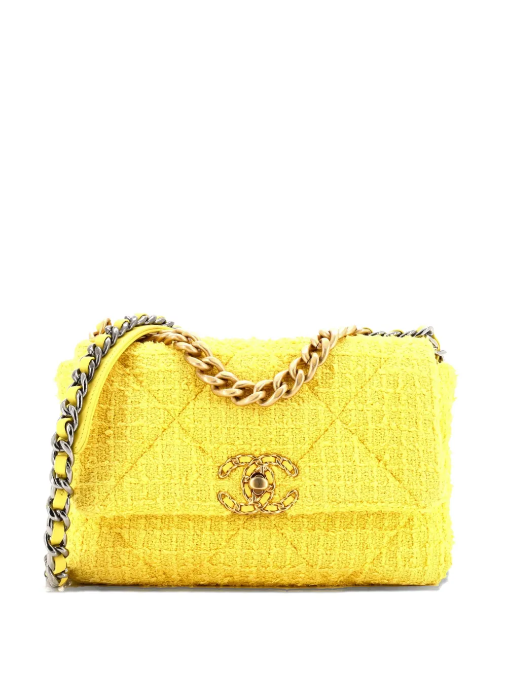 Pre-owned Chanel 19 Flap Bag Quilted Tweed Medium Crossbody Bag In Yellow