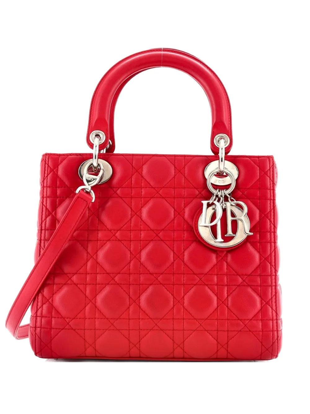 Pre-owned Dior Lady  Bag Cannage Quilt Lambskin Medium Satchel In Red