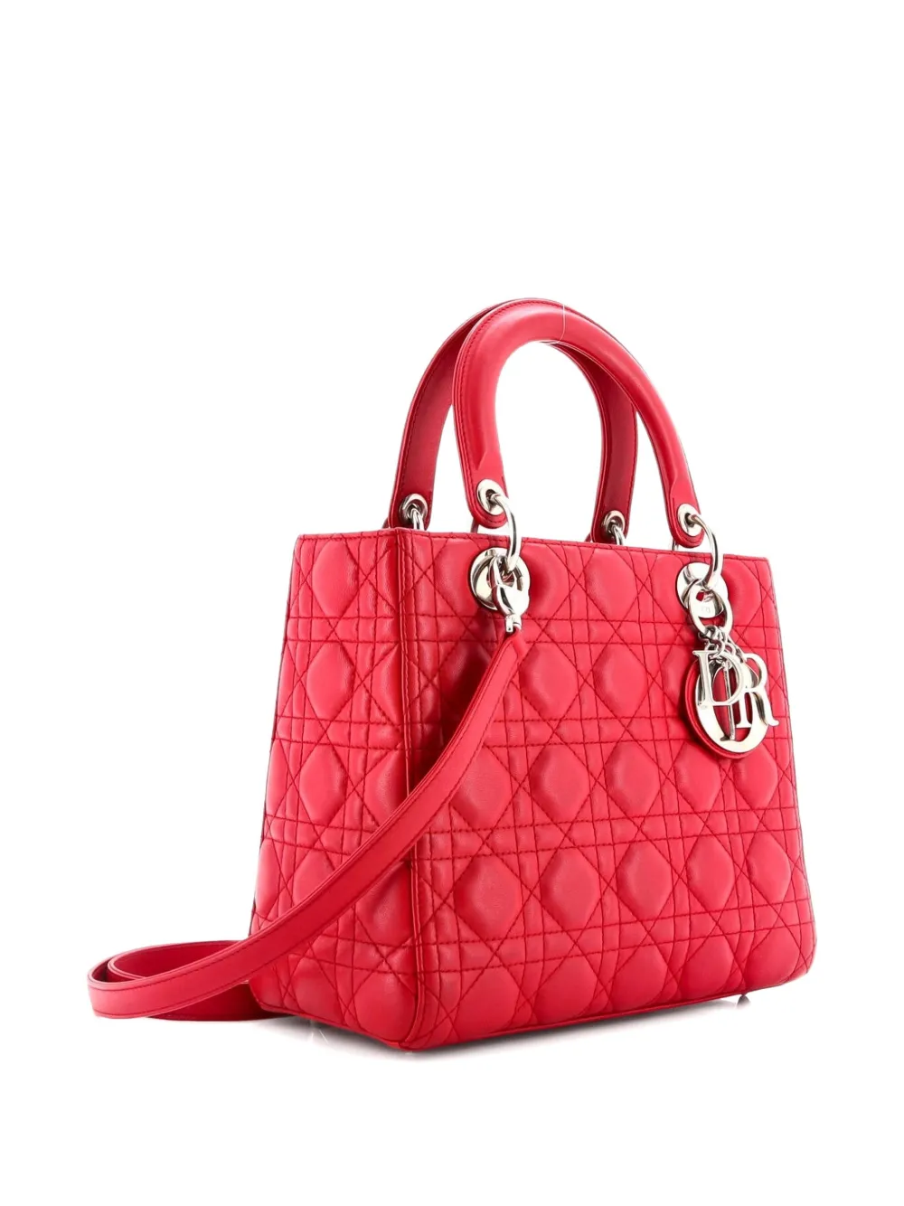 Pre-owned Dior Lady  Bag Cannage Quilt Lambskin Medium Satchel In Red