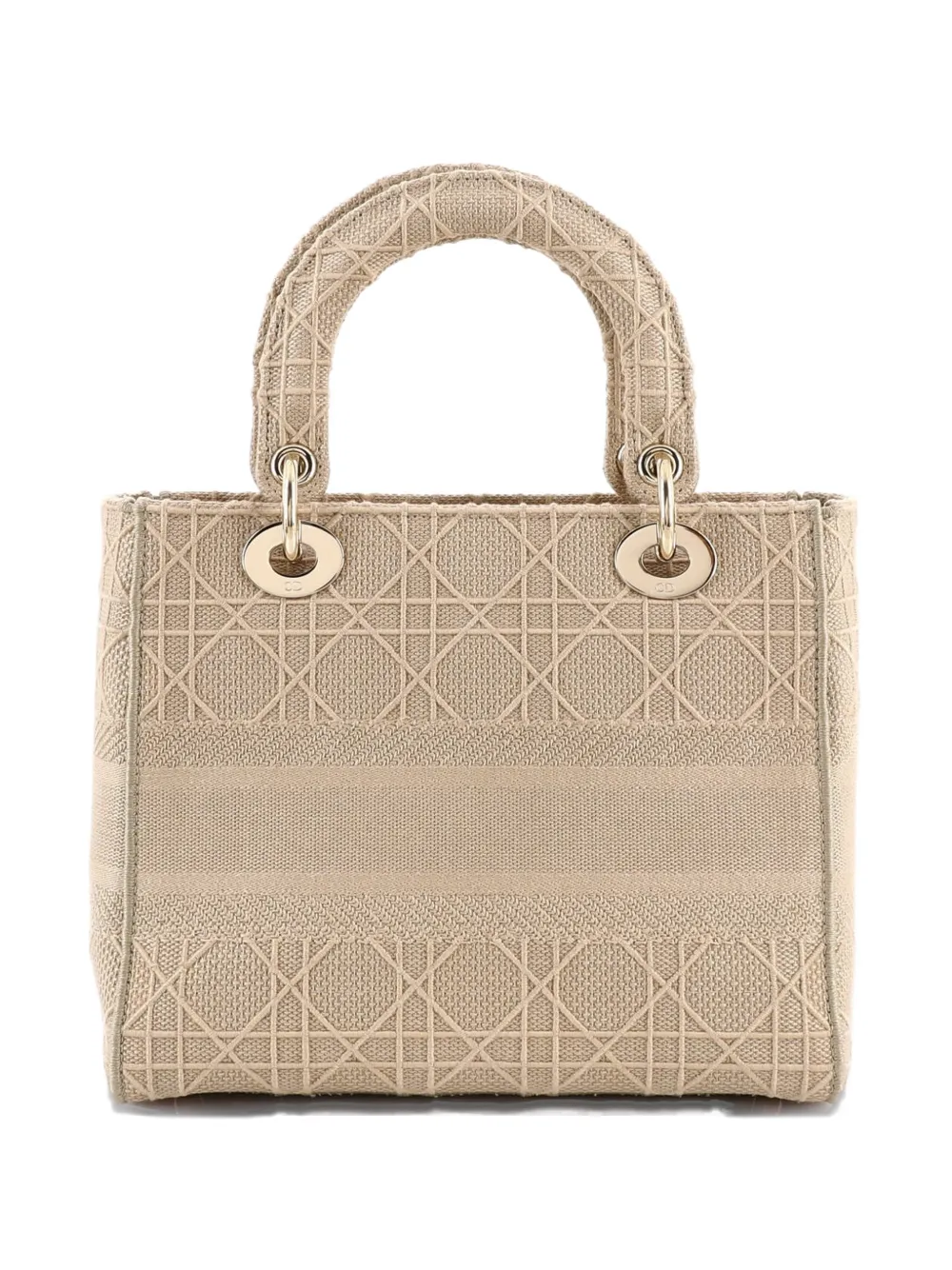 Pre-owned Dior Lady D-lite Bag Cannage Embroidered Canvas Medium Satchel In Neutral