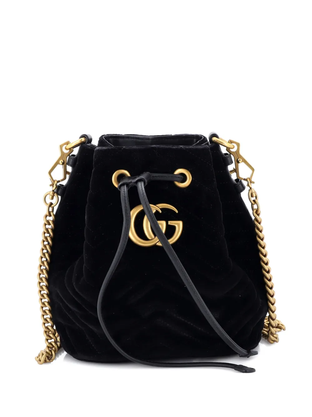 Pre-owned Gucci Gg Marmont Matelasse Velvet Small Bucket Bag In Black