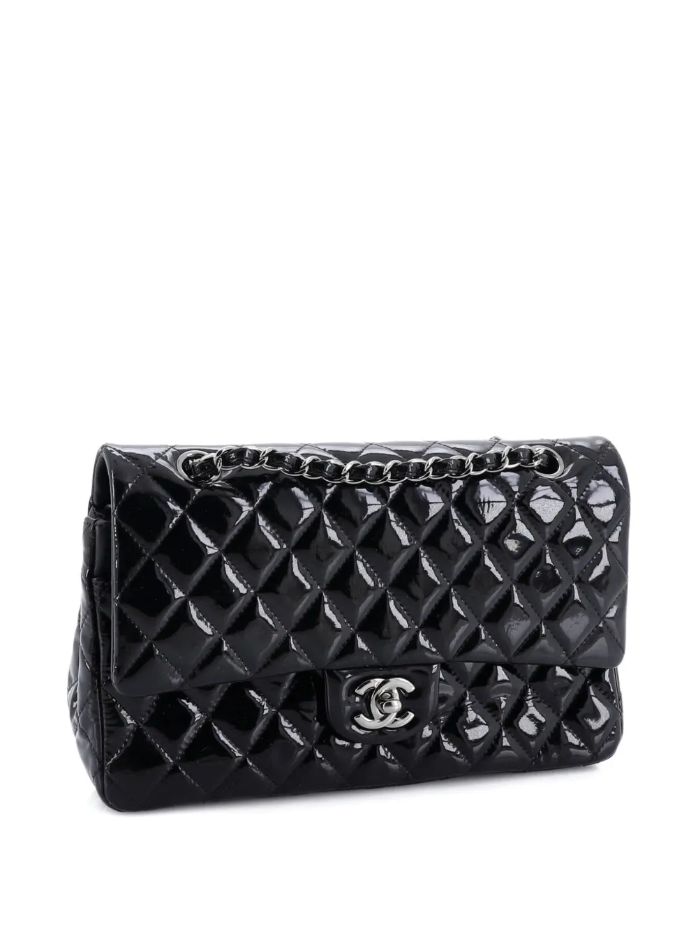 CHANEL Pre-owned Classic Double Flap Bag Quilted Patent Medium Shoulder Bag In Black