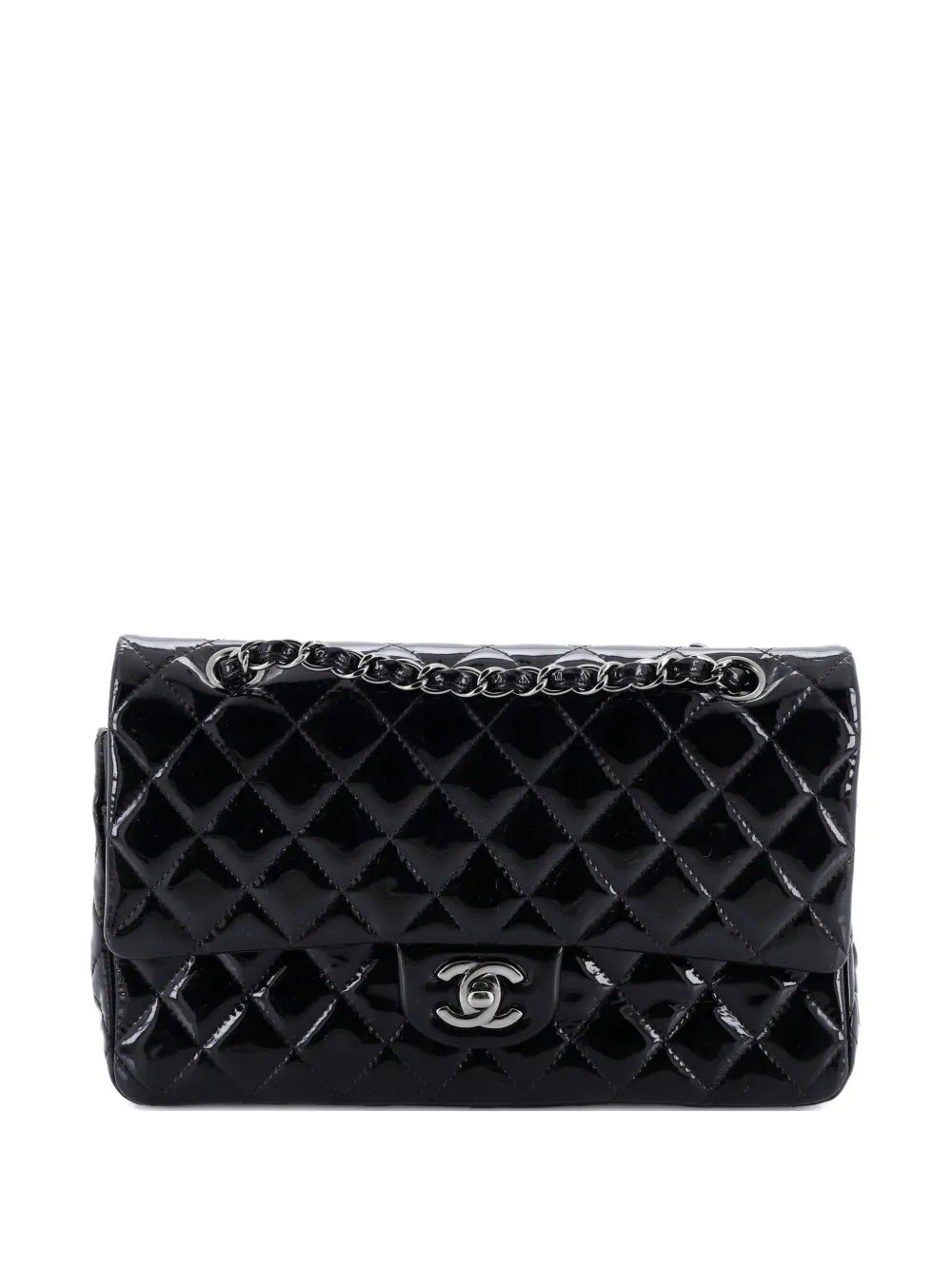 Pre-owned Chanel Classic Double Flap Bag Quilted Patent Medium Shoulder Bag In Black