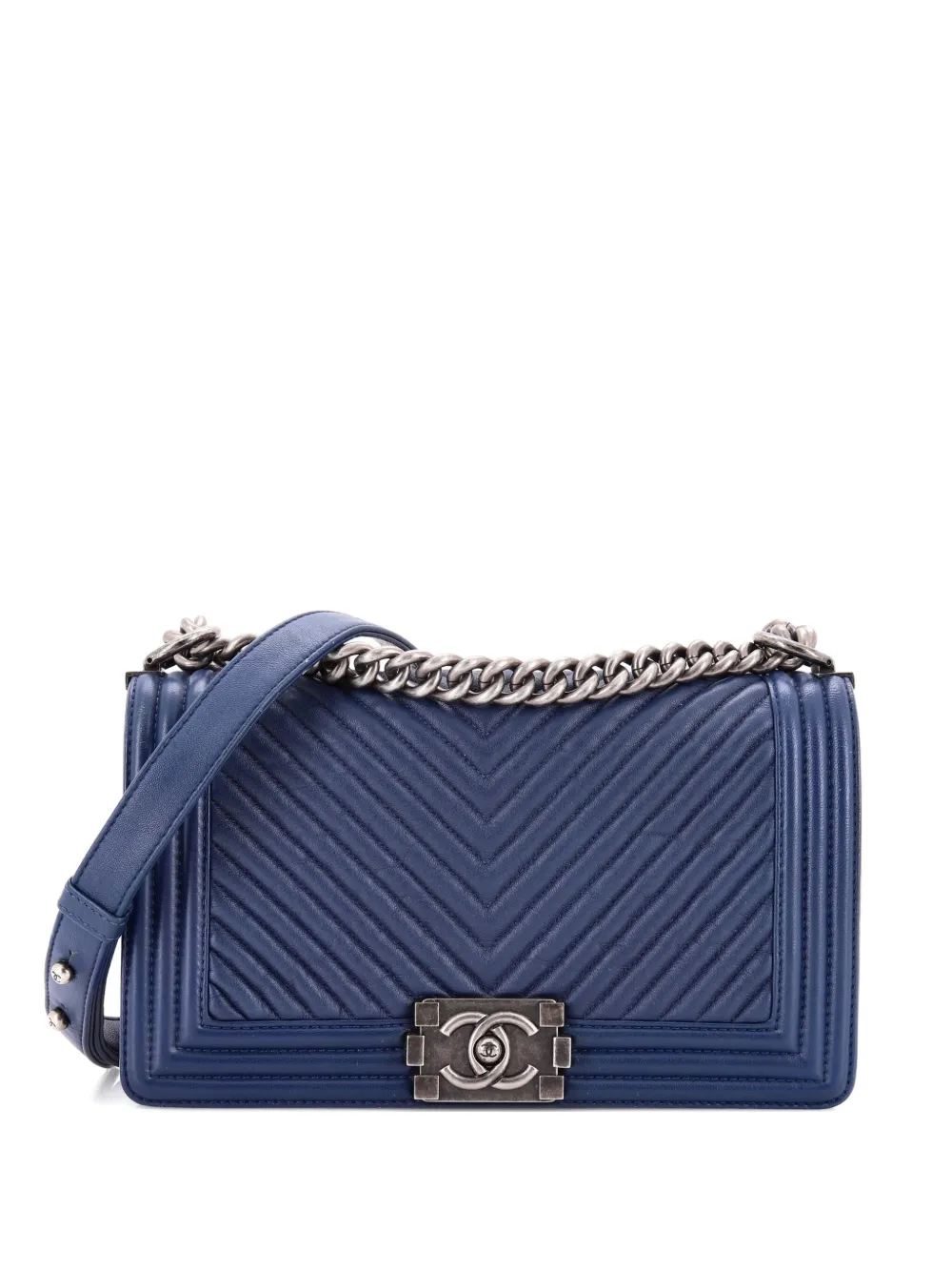 Pre-owned Chanel Boy Flap Bag Chevron Wrinkled Lambskin Old Medium Shoulder Bag In Blue
