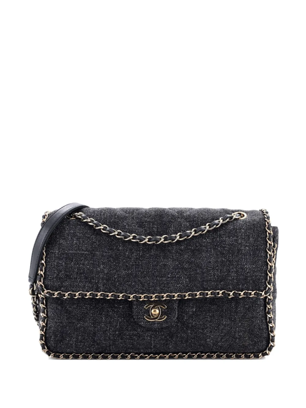 Pre-owned Chanel Running Chain Around Flap Bag Quilted Wool Tweed Medium Crossbody Bag In Gray