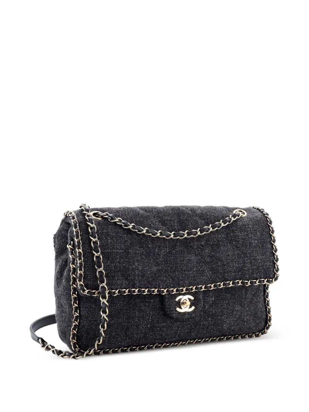 Running Chain Around Flap Bag Quilted Wool Tweed Medium Crossbody Bag