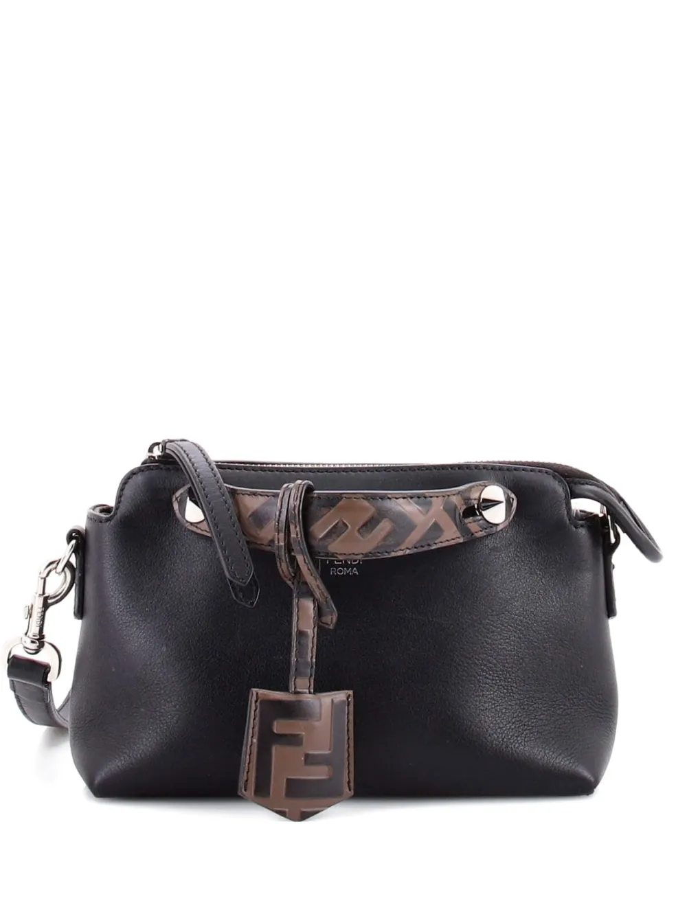 Pre-owned Fendi By The Way Leather With Zucca Embossed Detail Mini Satchel In Black