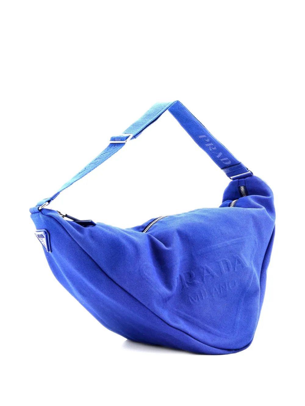 Pre-owned Prada Triangle Logo Zip Crossbody Bag Embossed Canvas Large Shoulder Bag In Blue