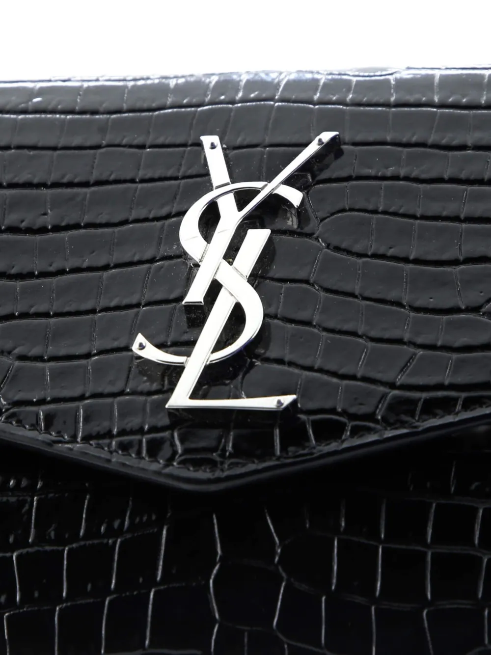 Pre-owned Saint Laurent Uptown Chain Wallet Crocodile Embossed Leather Crossbody Bag In Black