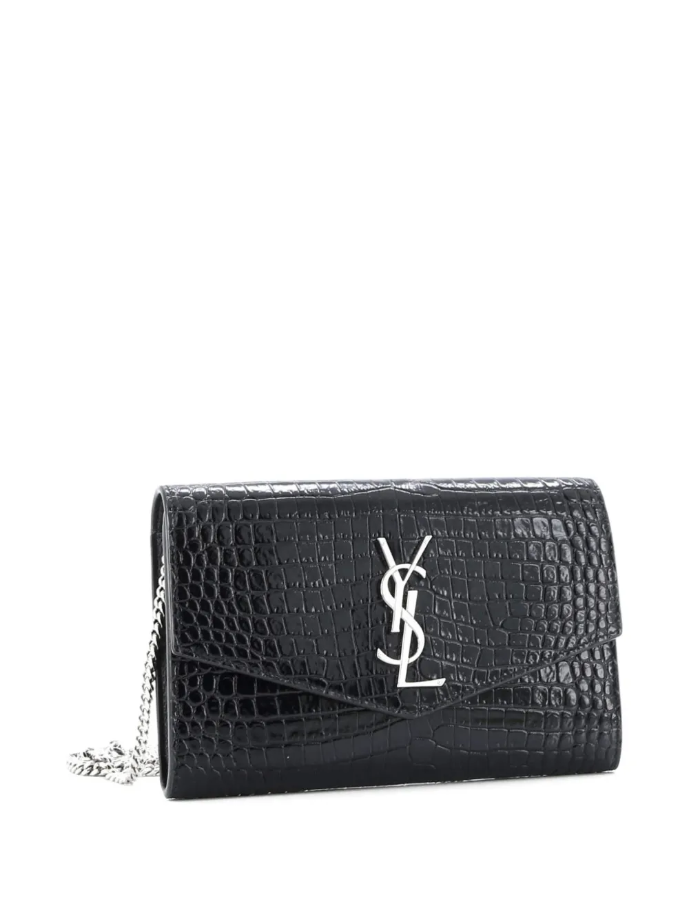 Pre-owned Saint Laurent Uptown Chain Wallet Crocodile Embossed Leather Crossbody Bag In Black