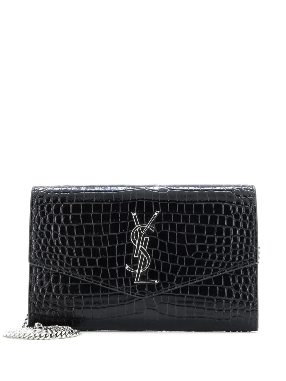 Pre-owned Saint Laurent Uptown Chain Wallet Crocodile Embossed Leather Crossbody Bag In Black