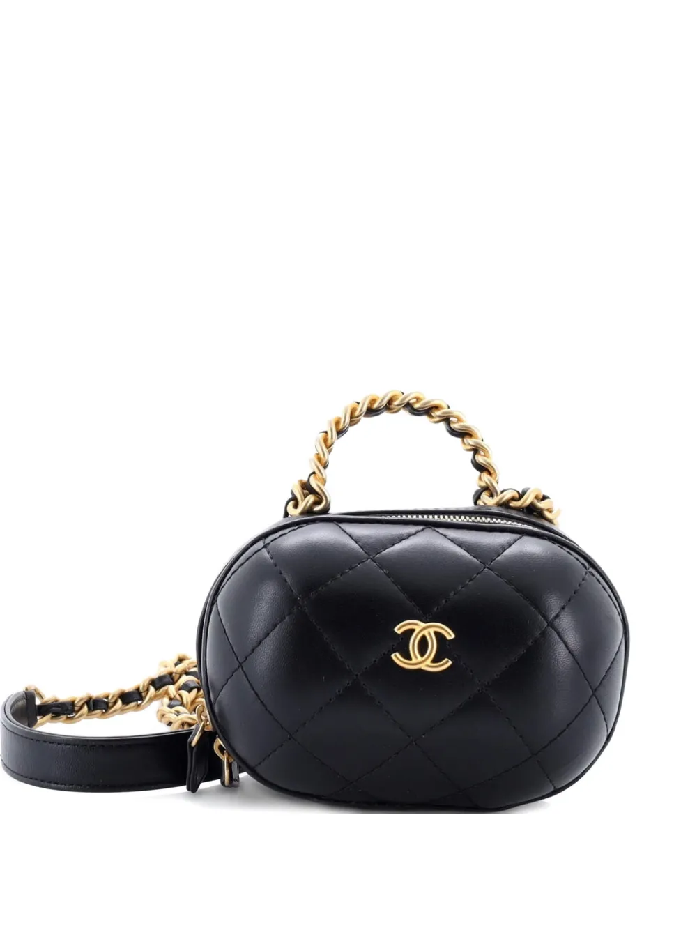Pre-owned Chanel Cc Bubble Top Handle Vanity Case With Chain Quilted Lambskin Mini Satchel In Black