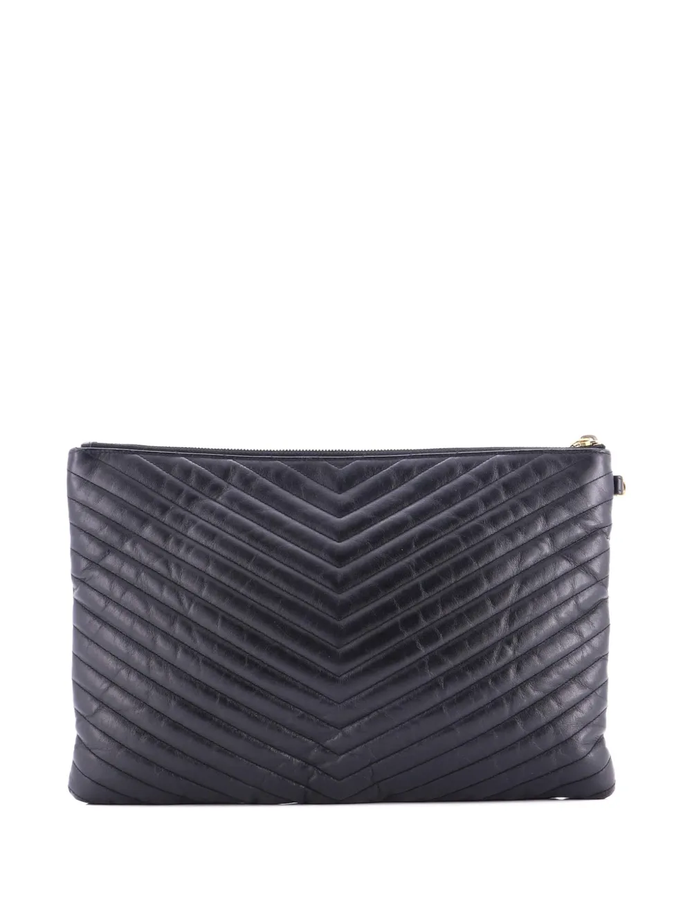 SAINT LAURENT Pre-owned Classic Monogram Wristlet Pouch Matelasse Chevron Leather Large Clutch Bag In Black