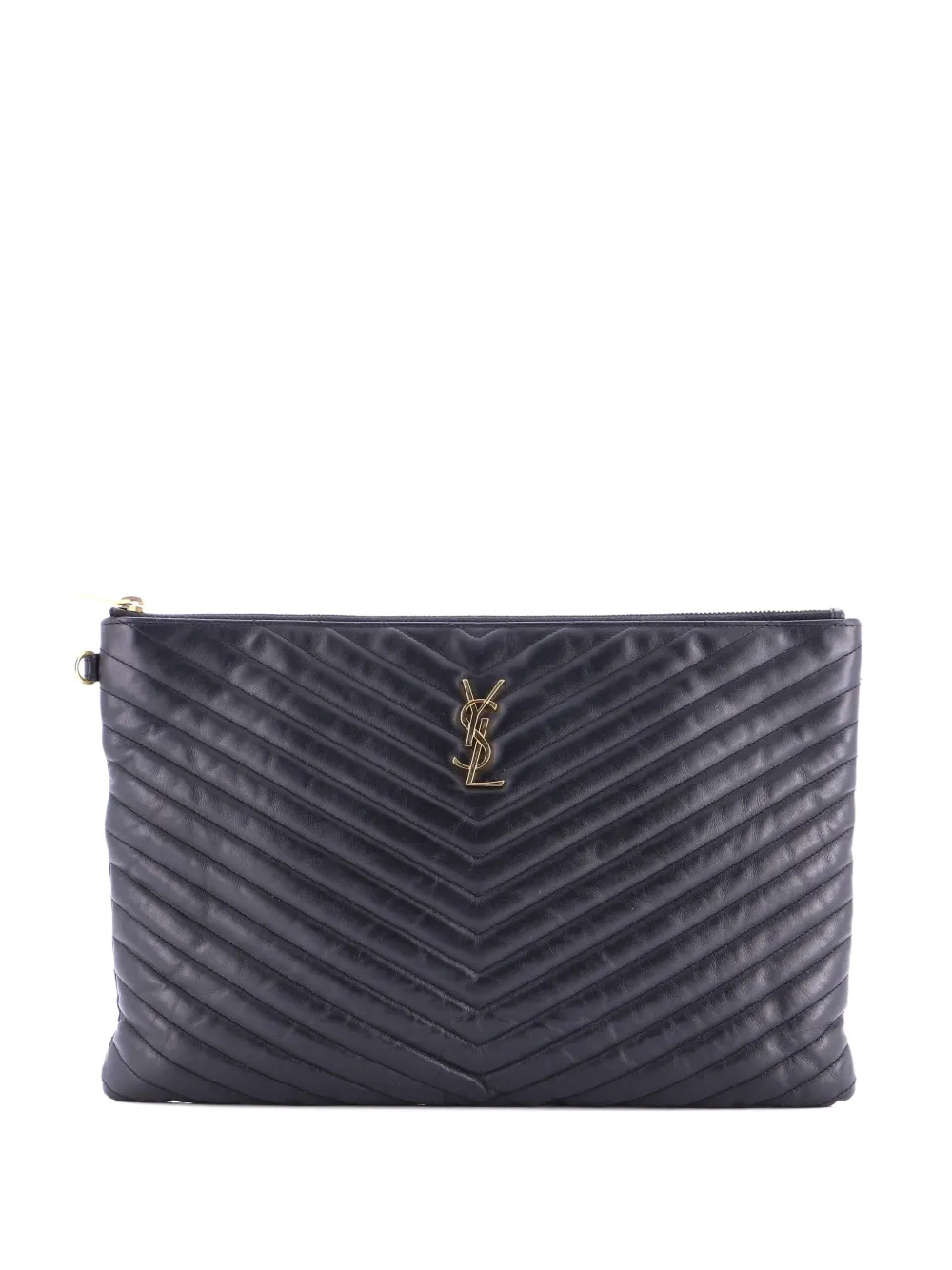 Pre-owned Saint Laurent Classic Monogram Wristlet Pouch Matelasse Chevron Leather Large Clutch Bag In Black