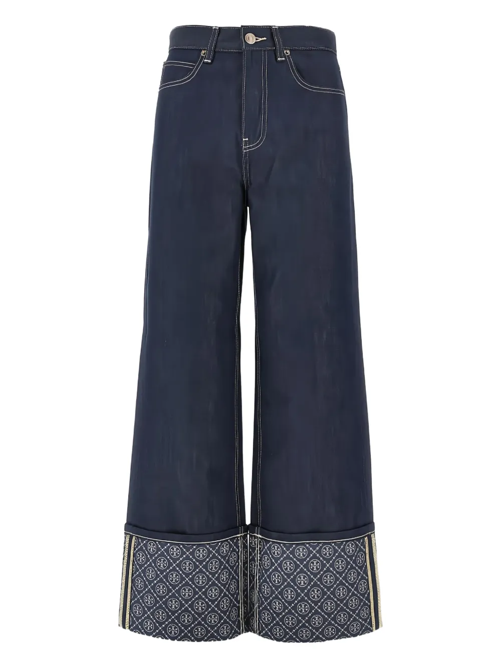 Tory Burch Patterned Cuff Jeans In Blue