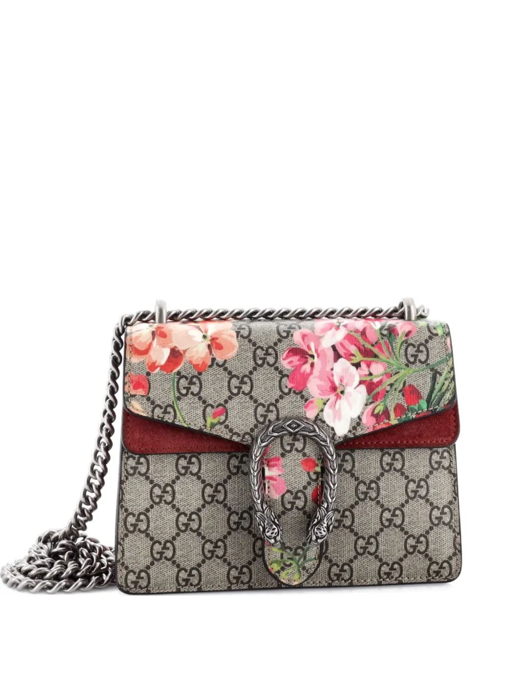 Pre-owned Gucci Dionysus Bag Blooms Print Gg Coated Canvas Super Mini Crossbody Bag In Brown