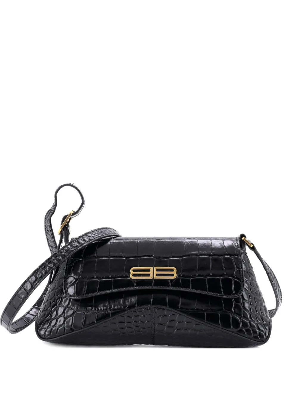 Pre-owned Balenciaga Xx Flap Street Shoulder Bag Crocodile Embossed Leather Small Hobo Bag In Black
