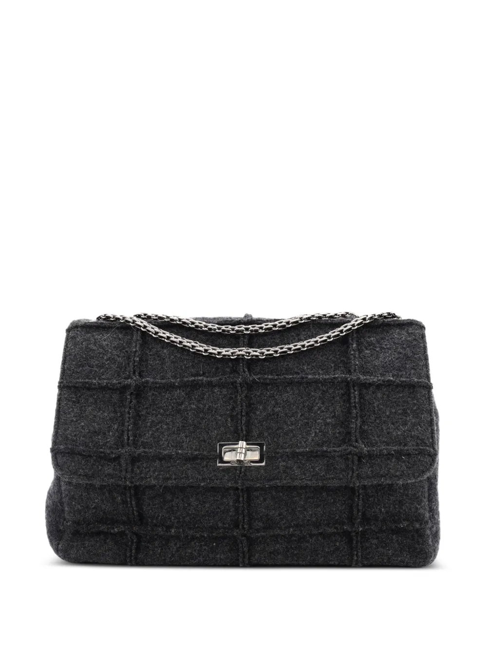 Pre-owned Chanel Chocolate Bar Mademoiselle Flap Bag Quilted Wool Jumbo Shoulder Bag In Gray