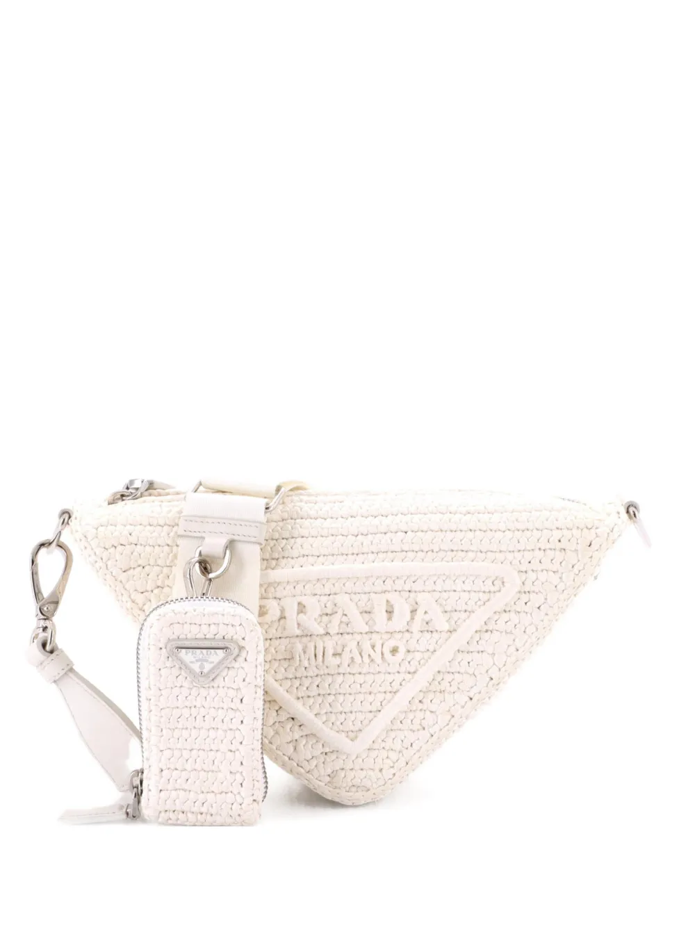 Prada Pre-Owned Triangle Logo Zip Crochet Raffia Small crossbody bag - Weiß