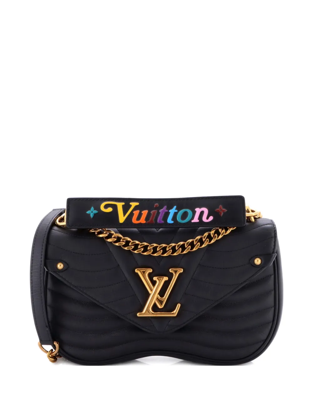 Pre-owned Louis Vuitton New Wave Chain Bag Quilted Leather Mm Crossbody Bag In Black