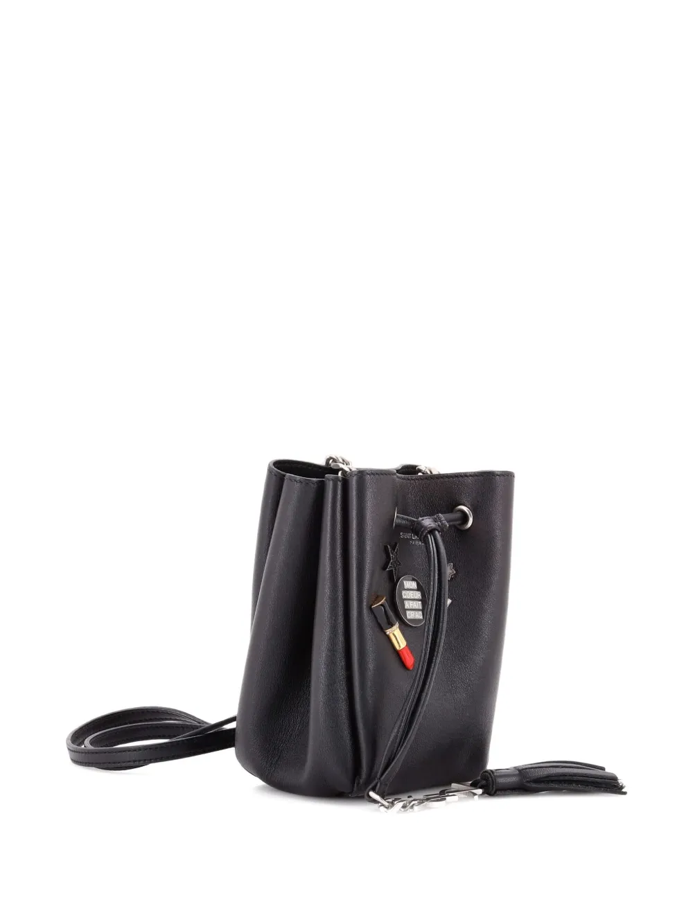 Pre-owned Saint Laurent Monogram Bourse Embellished Leather Mini Bucket Bag In Black