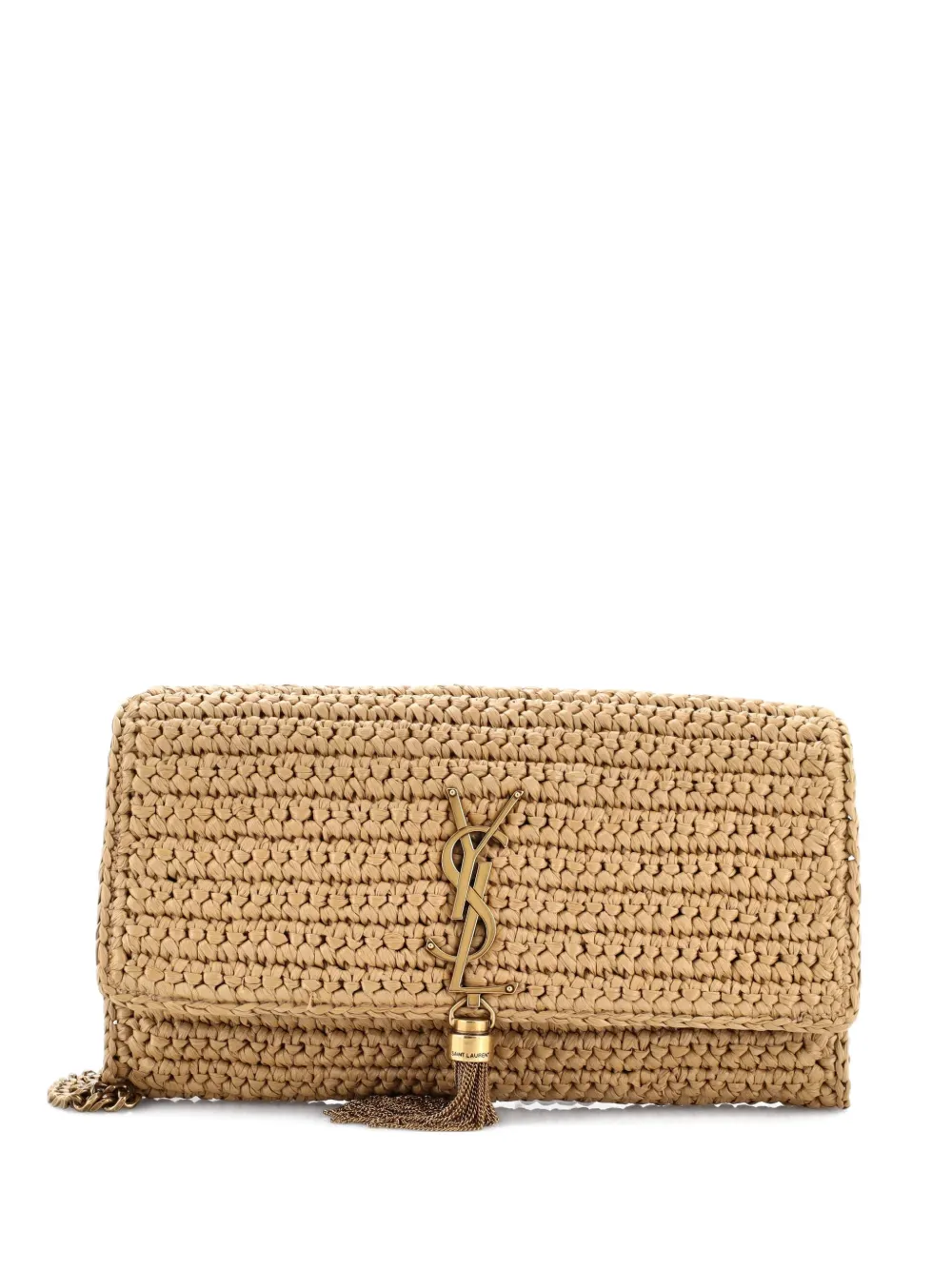 Pre-owned Saint Laurent Kate 99 Tassel Flap Bag Woven Raffia Medium Shoulder Bag In Neutral
