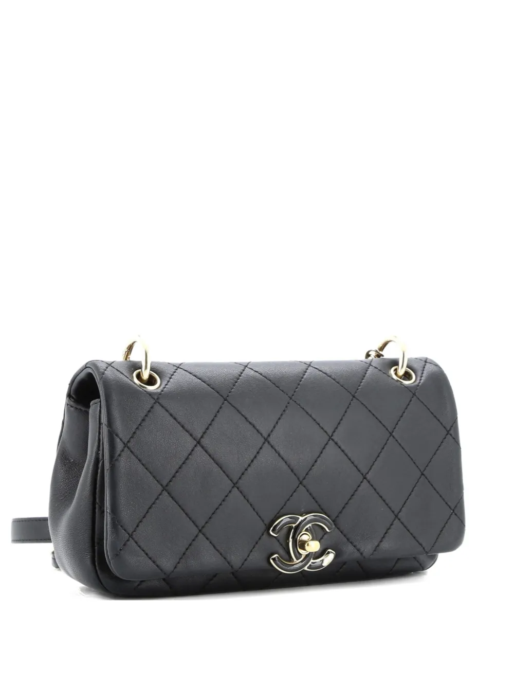 Pre-owned Chanel Twist Chain Enamel Cc Flap Bag Quilted Lambskin Medium Shoulder Bag In Black
