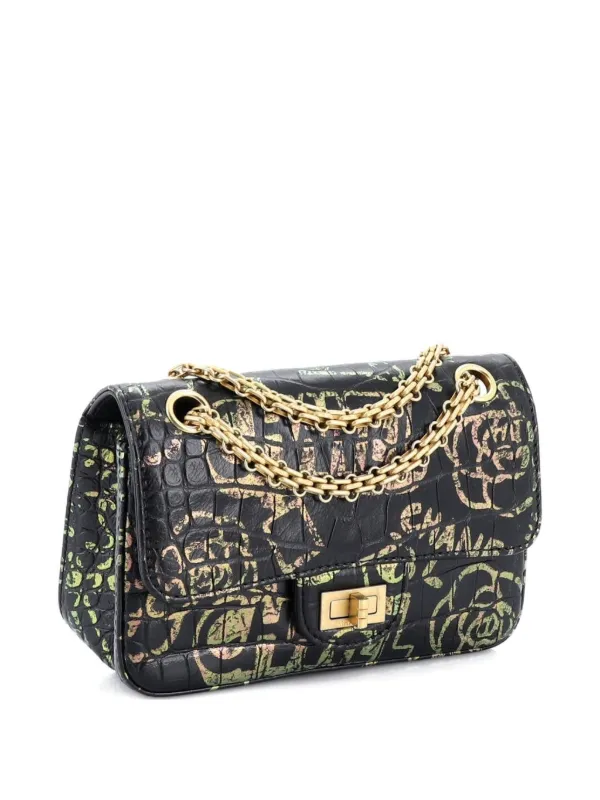 Chanel Pre-owned Reissue 2.55 Flap Bag Graffiti Crocodile Embossed Calfskin Mini Crossbody Bag in Black