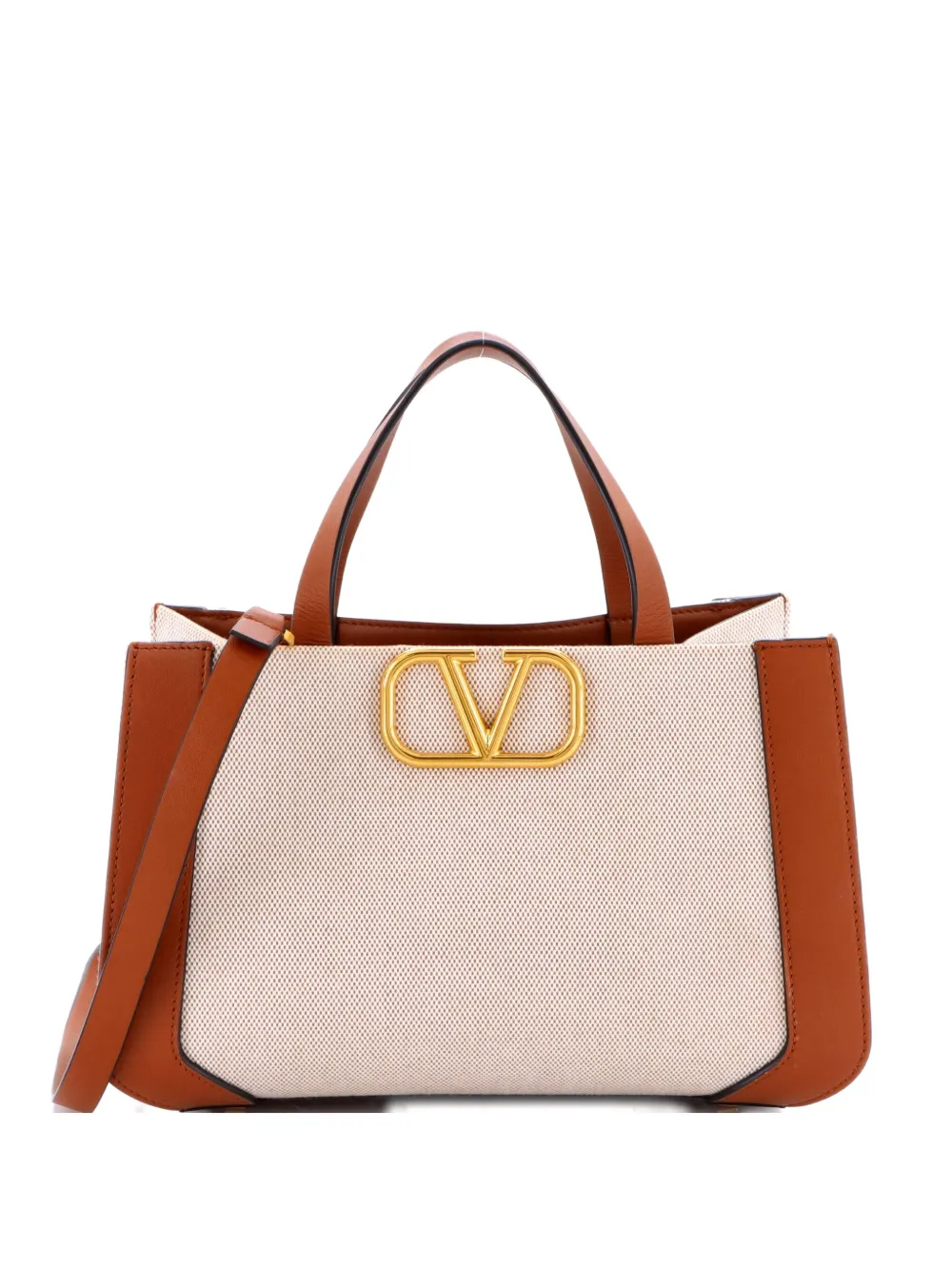 Pre-owned Valentino Garavani Vlogo Shopper Canvas And Leather Small Tote Bag In Brown