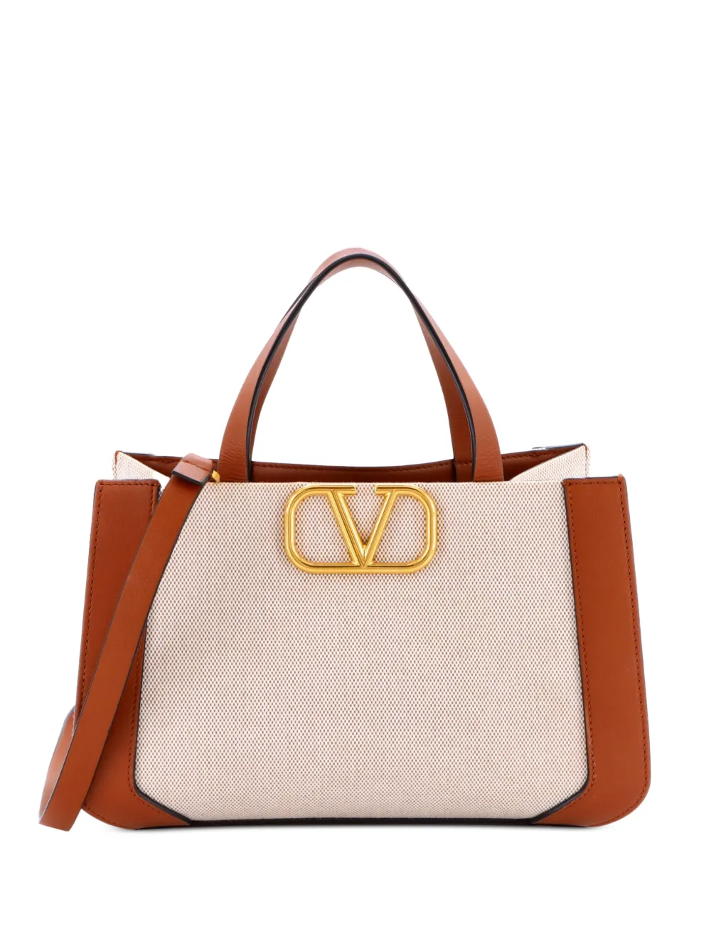 Valentino Garavani Pre-Owned VLogo Shopper Canvas and Leather Small tote bag - Marrone