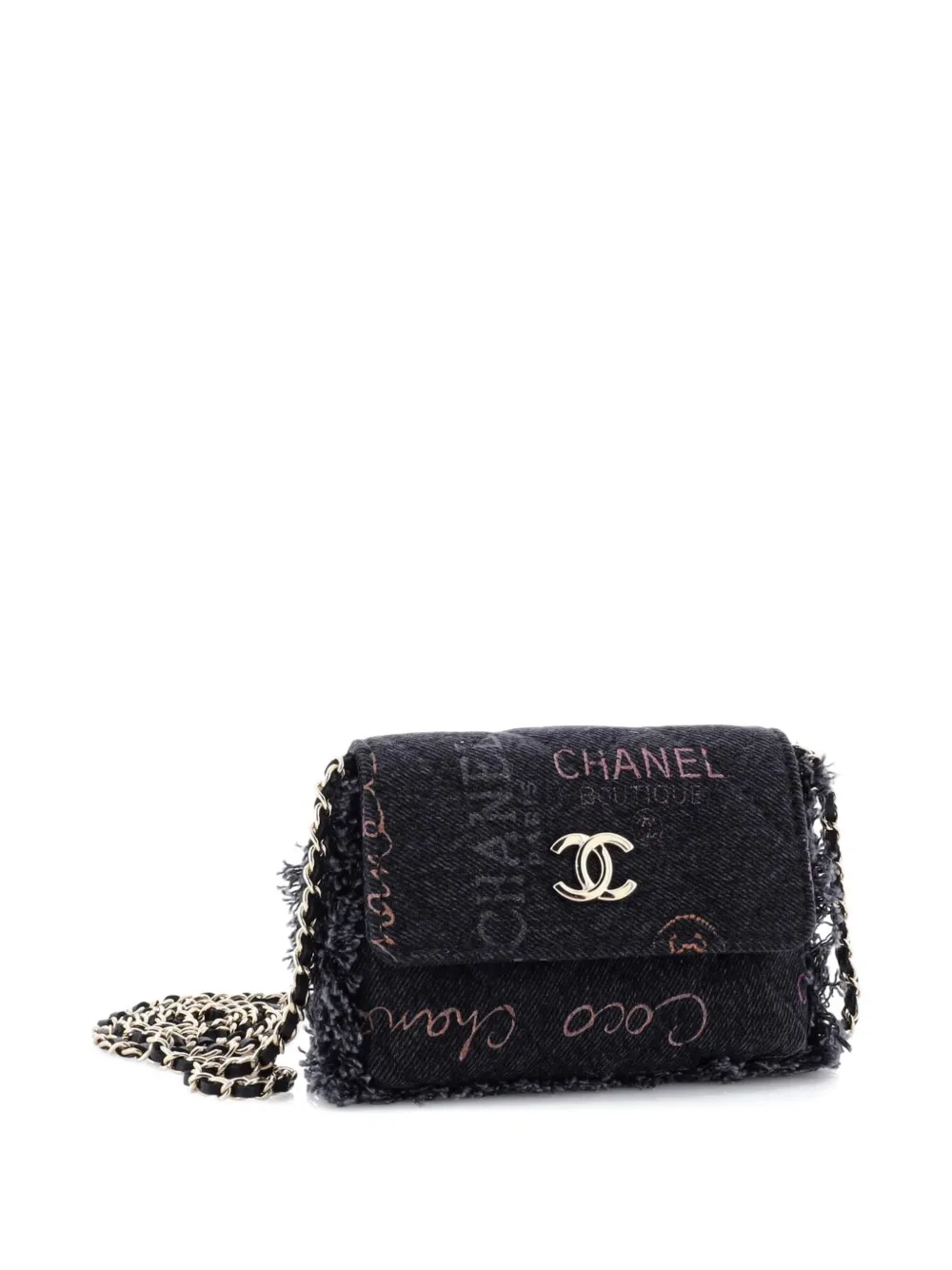 Pre-owned Chanel Denim Mood Flap Clutch With Chain Logo Printed Quilted Fringe Denim Crossbody Bag In Black