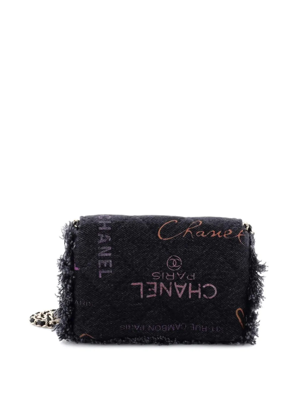 Pre-owned Chanel Denim Mood Flap Clutch With Chain Logo Printed Quilted Fringe Denim Crossbody Bag In Black