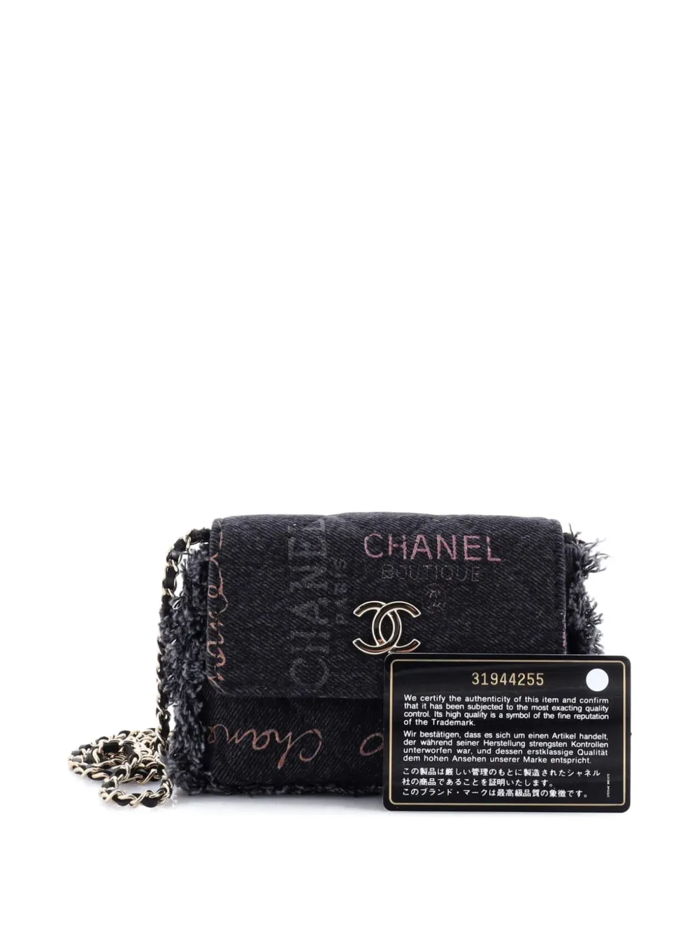Pre-owned Chanel Denim Mood Flap Clutch With Chain Logo Printed Quilted Fringe Denim Crossbody Bag In Black