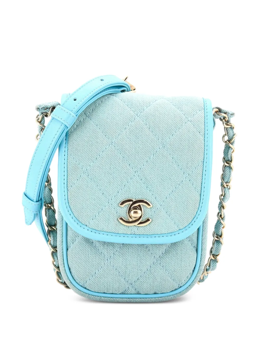 Pre-owned Chanel Flap Clutch With Chain Quilted Denim Mini Shoulder Bag In Blue